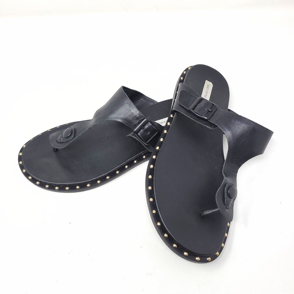 Saks Fifth Avenue Leather Gold Studded Thong Sandals